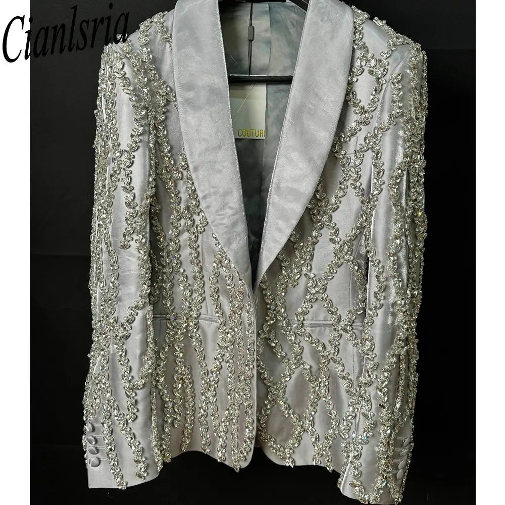 Men's Silver Suit with Rhinestone and Sequin Embellishment Slim Fit Tuxedo Blazer and Pants for Wedding Party Prom