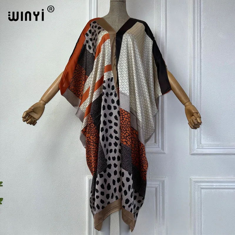 WINYI Summer african v-neck dress Printed beach wear women 2024 Loose Femme Robe Muslim beach cover ups silk feel abito da sera