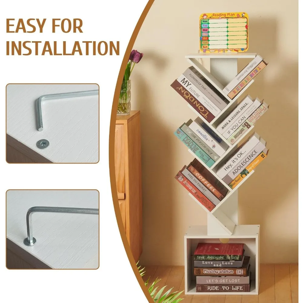 رف كتب على شكل شجرة من 7 طبقات، خزانة كتب صغيرة مع مخطط للقراءة ولوحة أنشطة، زاوية قائمة على الأرض حديثة، تخزين ضيق طويل القامة