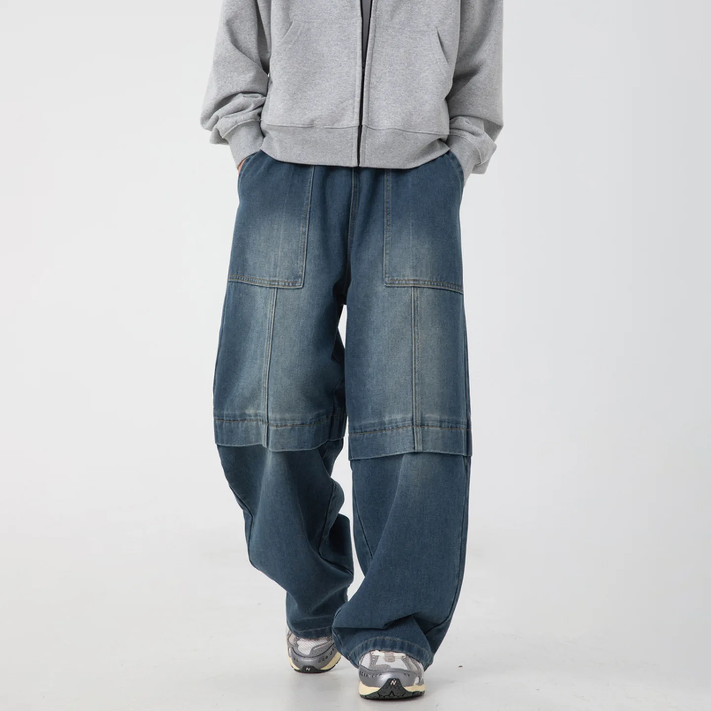 Autumn Winter New Fashion Men’s Spliced Casual Trendy Loose Wide Leg Washed Denim Trousers Male Basic Jeans Pants Bottom Clothes