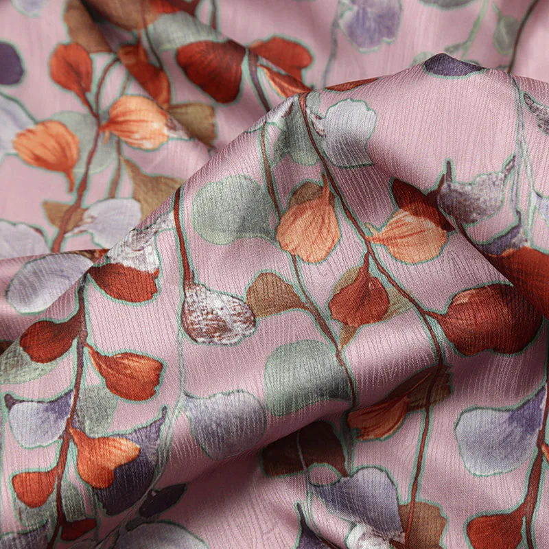 Pink Leaf Digital Printing Qipao Fabric Dress Pajamas Imitation Silk Clothing Handmade DIY Silk Satin Fabric Sewing Supplies