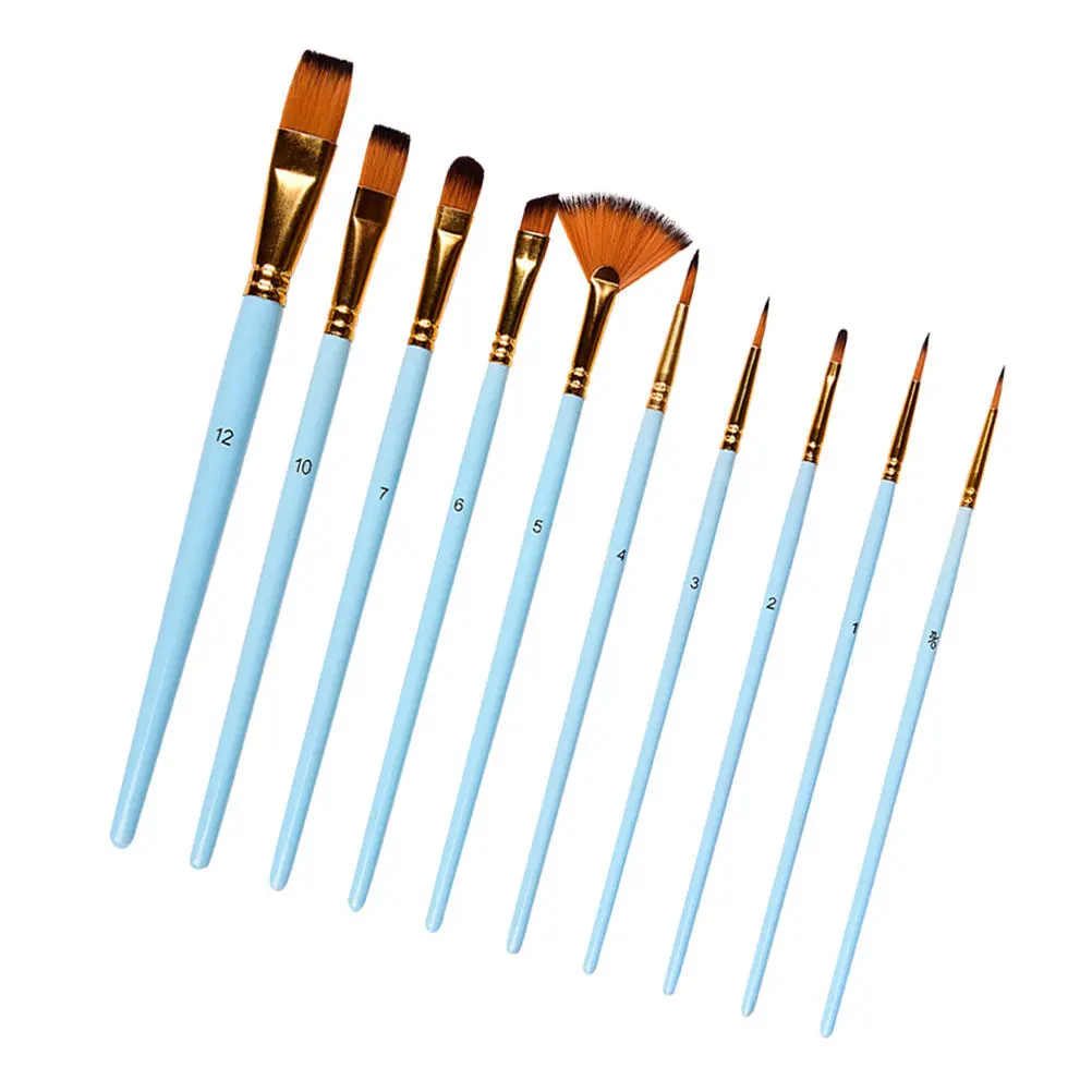 10Pcs High-Grade Wood Aluminum Handle Painting Brush Set Dual-Tone Nylon Bristles for Acrylic Watercolor Oil Gouache Artists