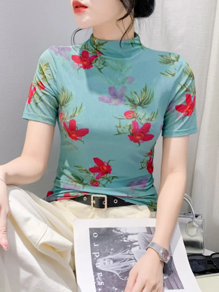 #7264 Floral Printed Mesh T Shirt Women Thin Sexy Skinny Vintage Short T-shirt Female Round Neck Streetwear Tshirt Short Sleeve image 5