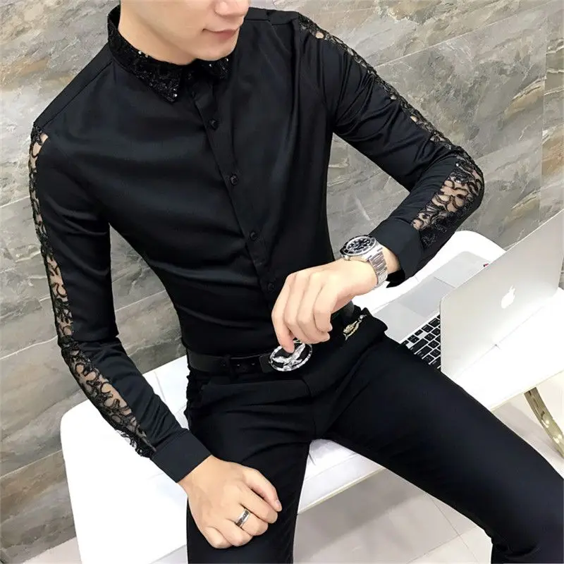 Nueva ropa coreana para hombre, blusa de manga larga bordada de Color sólido con cuello vuelto de primavera, camisa de moda para hombre