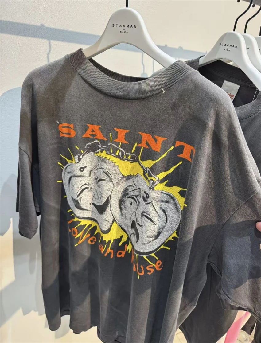 High Quality Vintage SAINT Washed Creative MASK Pattern Printed Pure Cotton Short Sleeved Street Versatile Oversize T-shirt Men