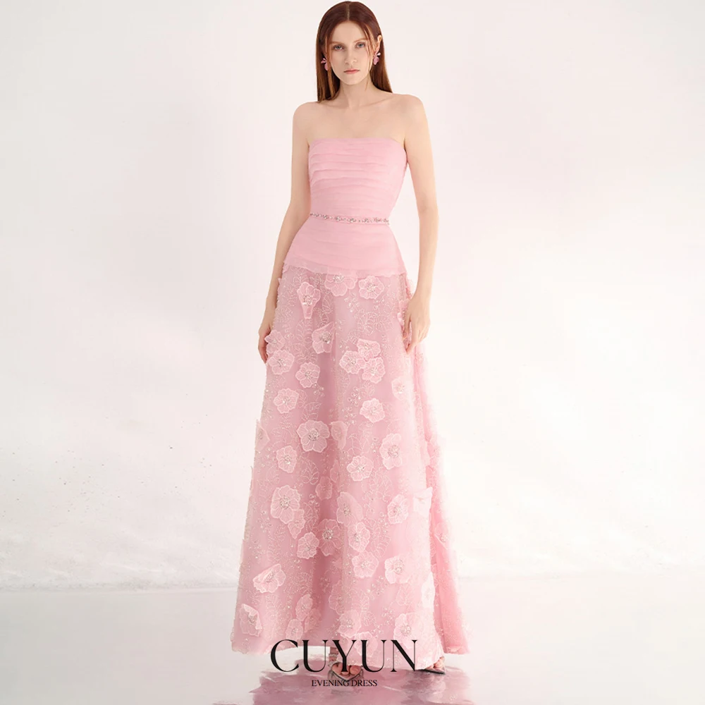 

CUYUN Pink Luxury Women Evening Dresses Strapless Floral Lace Women Party Dresses for Special Occasion vestidos de fiesta