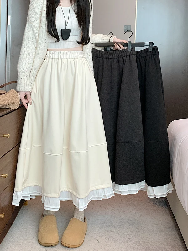 Gray Woolen Half-length Skirt Women's Autumn Winter Elastic Waist Elegant Versatile Hip Covering Umbrella Skirt Design Lace A...