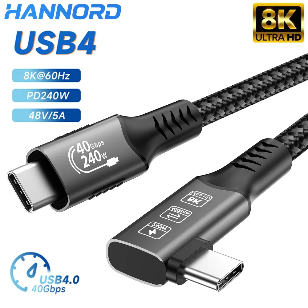 كابل بيانات Hannord USB4 Thunderbolt 4 بزاوية 90 درجة 240 وات 5A شحن 40 جيجابت في الثانية لنقل البيانات لجهاز MacBook Mac Pro Air SSD Type C Cord