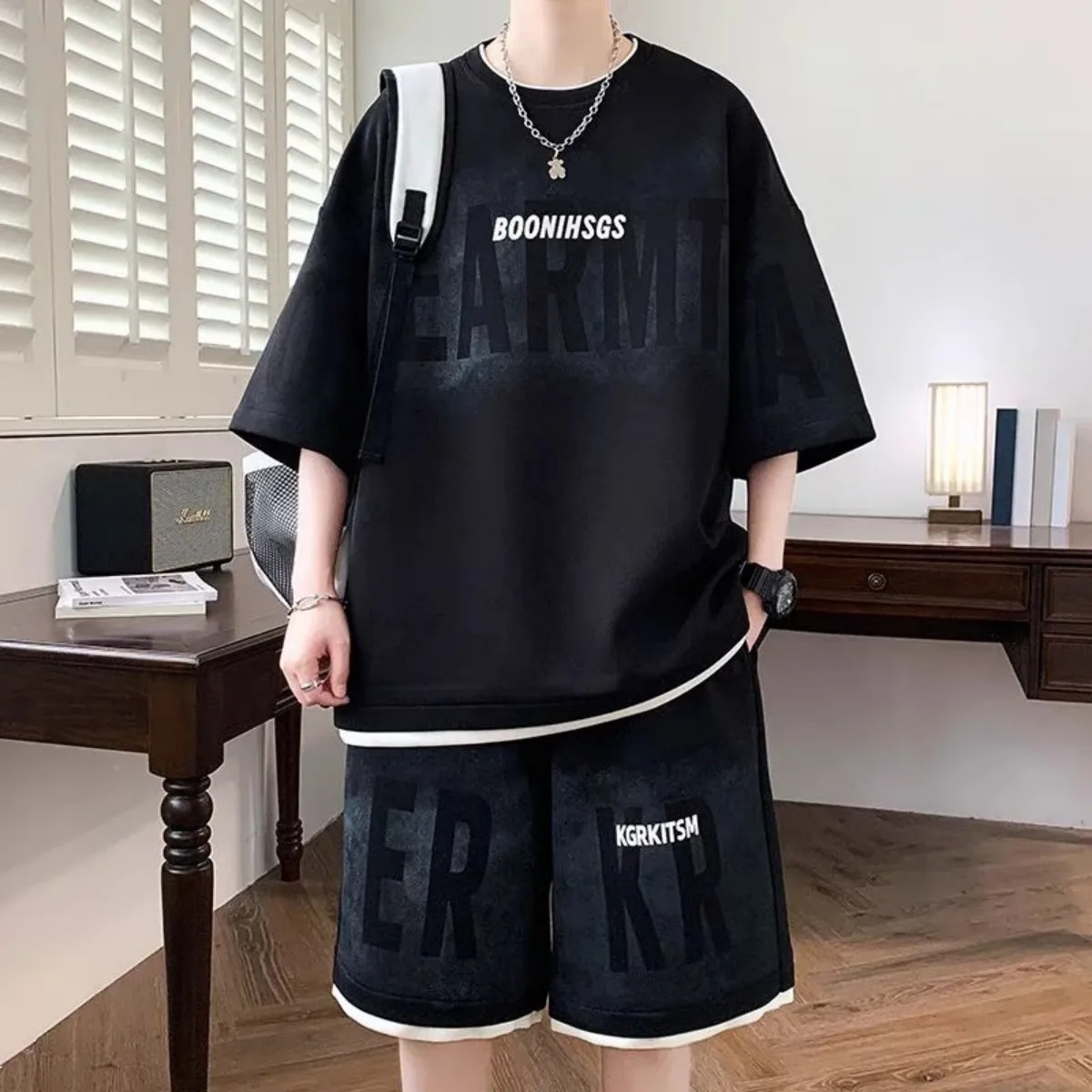 Men's fashion personality letter printed short sleeved shorts two-piece set outdoor sports breathable T-shirt set