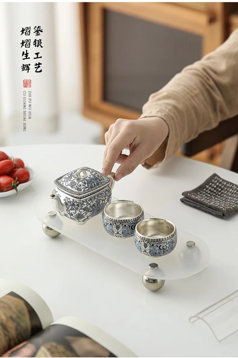 

Gilded Silver Kung Fu Tea Set 999 Silver Teapot High End Gift Box Set Chinese Light Luxury One Pot Two Cups