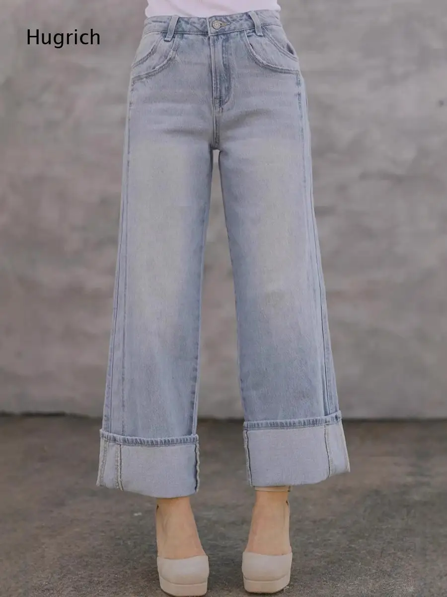 

High Waist Straight Wide Leg Ankle Denim Trousers Light Bleach Wash Roll Up Cuff Loose Fit Women Daily Street Casual Jeans