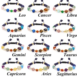 12 Constellation Zodiac Sign Bracelet Natural Chakra Agates Gem Braided Bracelet Virgo Leo Pisces Taurus Bangle Jewelry Gift