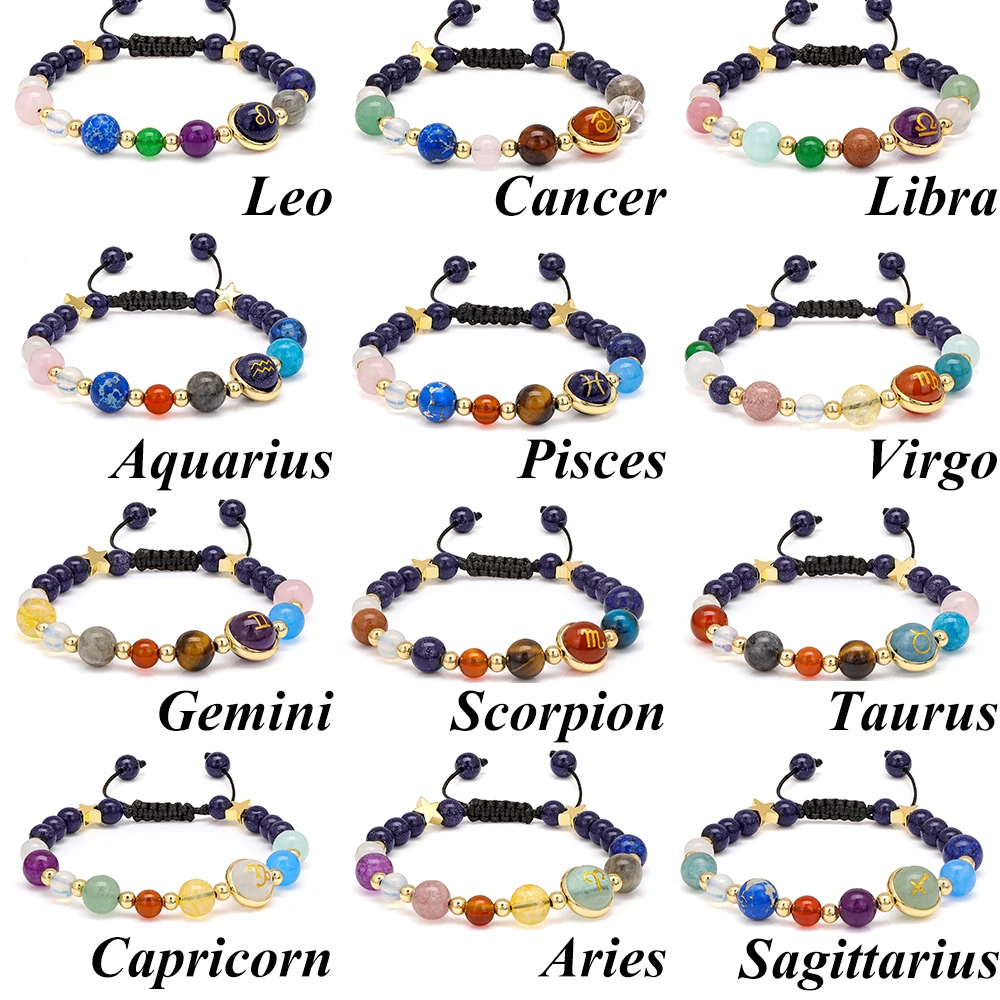 12 Constellation Zodiac Sign Bracelet Natural Chakra Agates Gem Braided Bracelet Virgo Leo Pisces Taurus Bangle Jewelry Gift