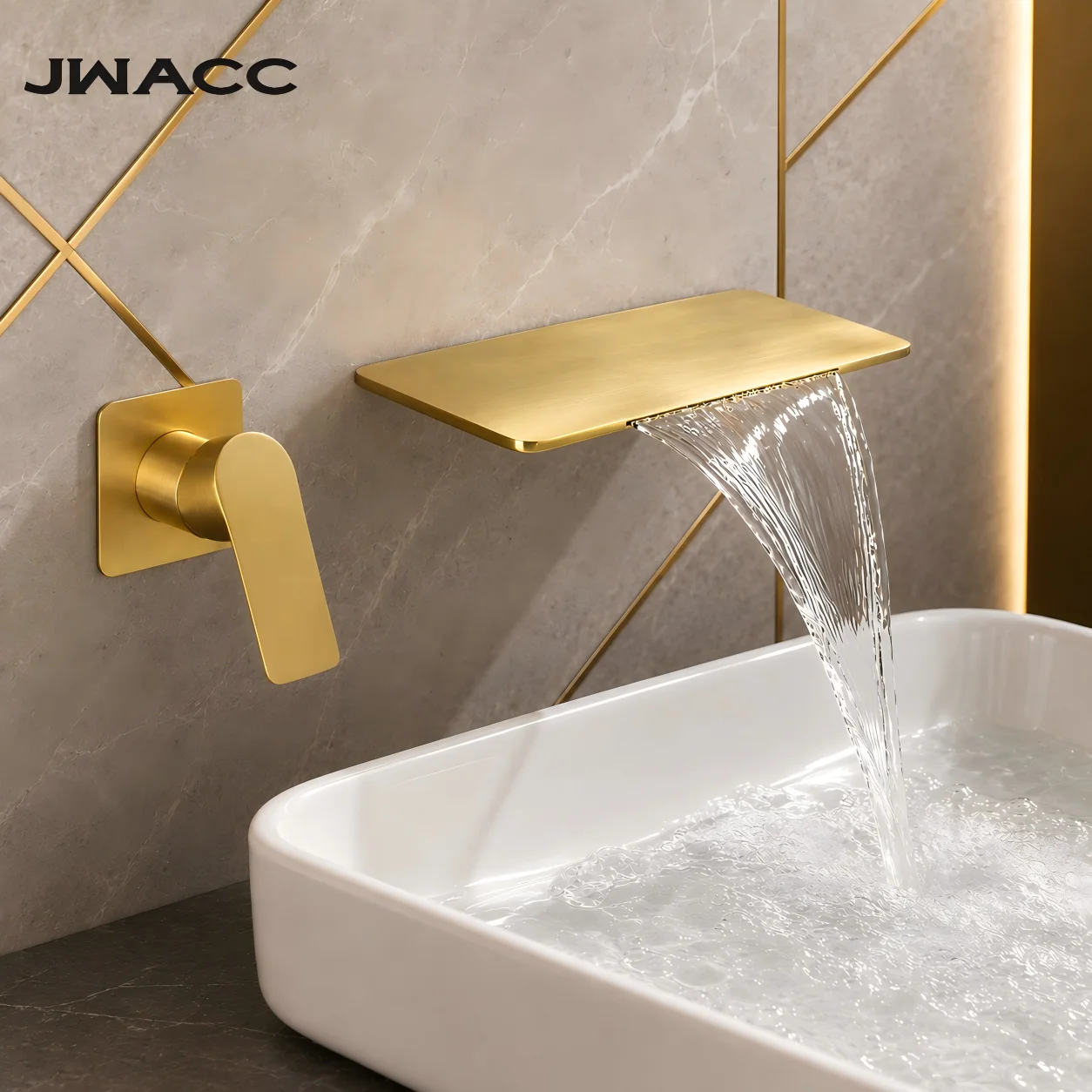 gold, brass, wall mounted, waterfall, bathroom faucet, concealed, basin mixer, tub filler, flush switch, vessel sink tap