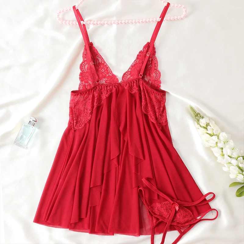 Women's Sexy Red Clothing Erotic Lingerie Dress Nightgown Lace Underwear Body Seductive Suits Open Bra Intimate Female Clothes