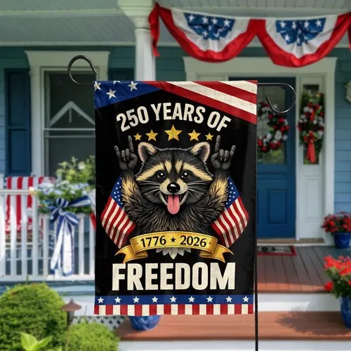 Funny Raccoon 250 Years Of Freedom Garden Flag  1776-2026 US Anniversary PPZ