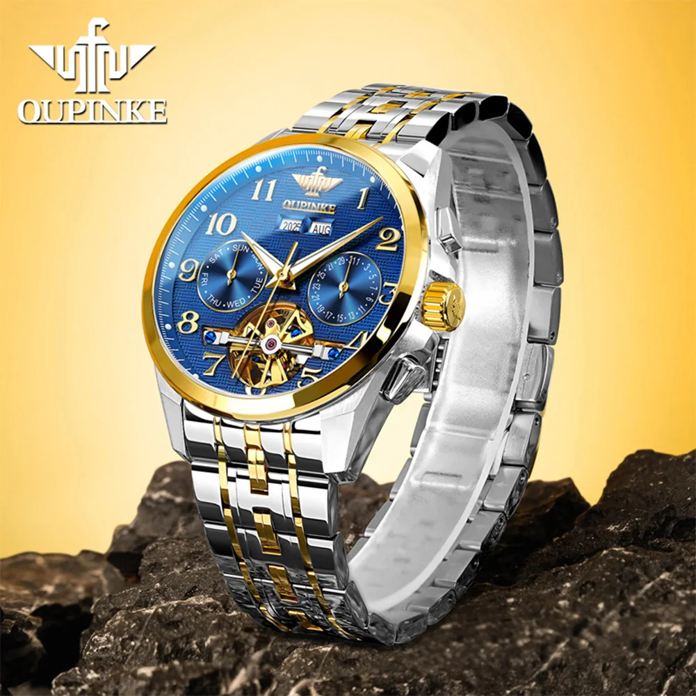 OUPINKE 3263 Orologio da uomo alla moda Movimento automatico Volano Quadrante scheletrato Orologio da polso in acciaio al tungsteno di alta qualità