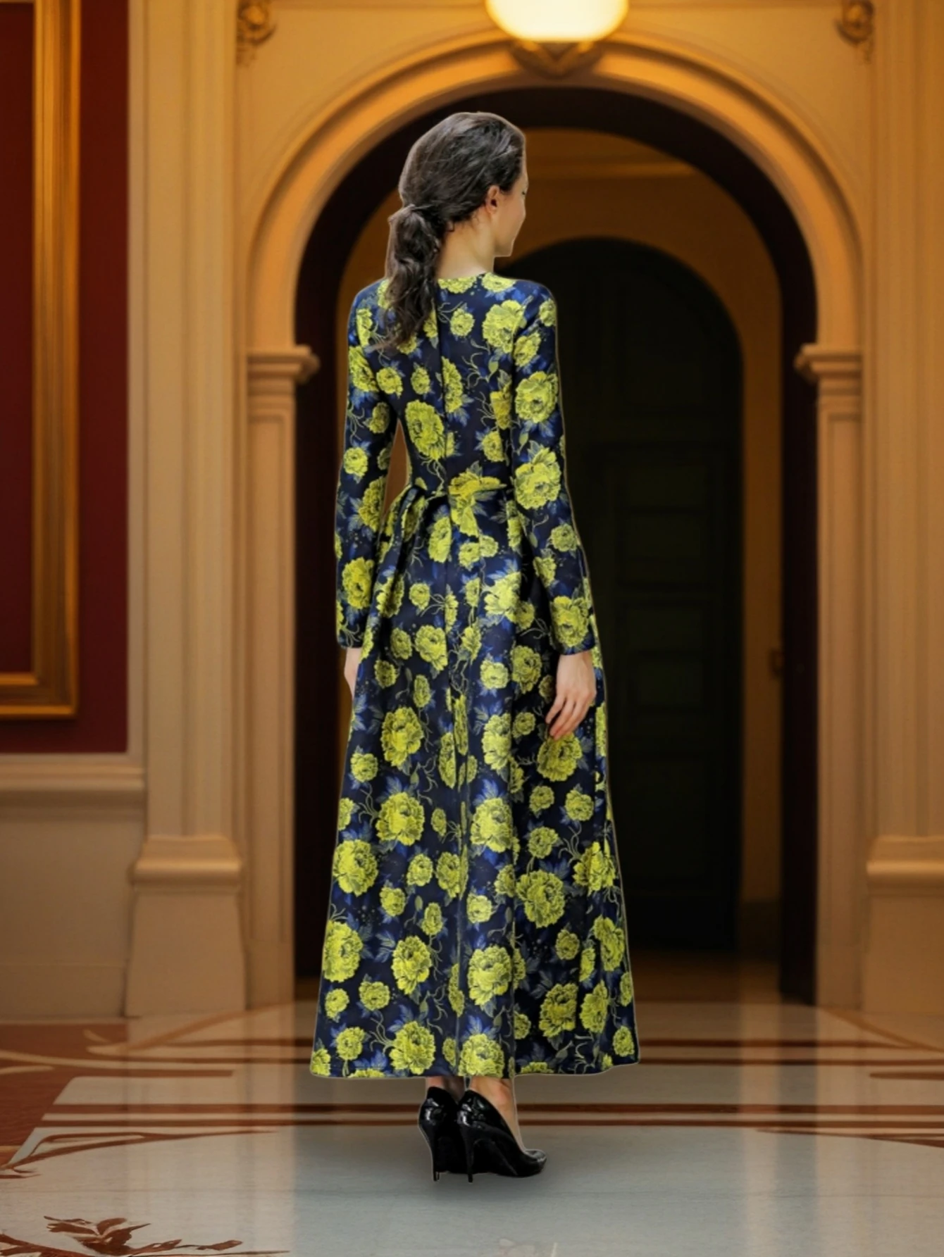 Elegant Jacquard Dress for Women Evening Gowns Vintage Fall Long Maxi Dresses Floral Luxury Party Robes Formal Occasion Clothing