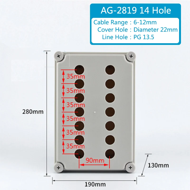 

AG series 14-hole button box, model number AG-2819, dimensions 280x190x130mm