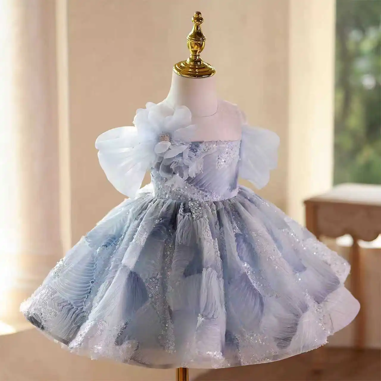 Dreams Blue sequins Baby Girl Dress Host's Piano Performance Birthday Girls Party Dresses Off-Shoulder Butterfly Decoration Flow