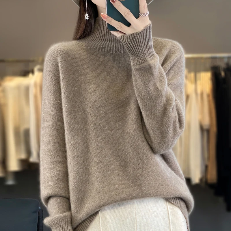 24 autumn and winter new women\'s 100% cashmere wool semi-turtle neck women\'s sweater soft and comfortable blouse loose pullover