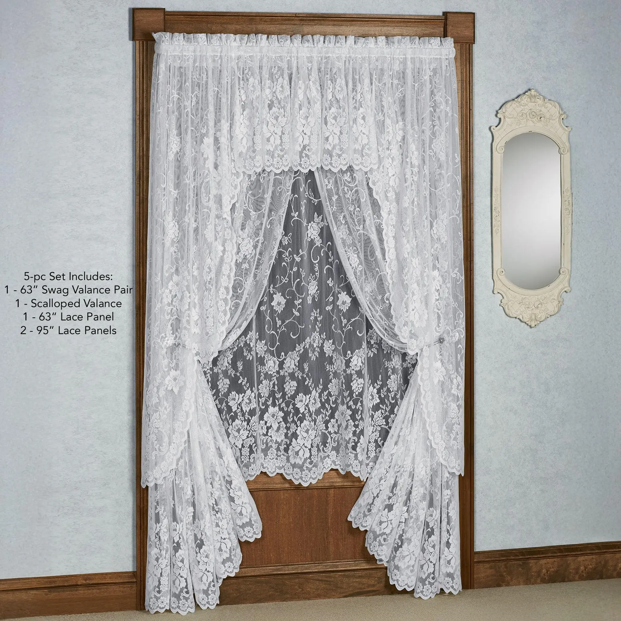 Enchanting Roses Luxury Lace Window Treatment, Antique White, 5 Pc Set