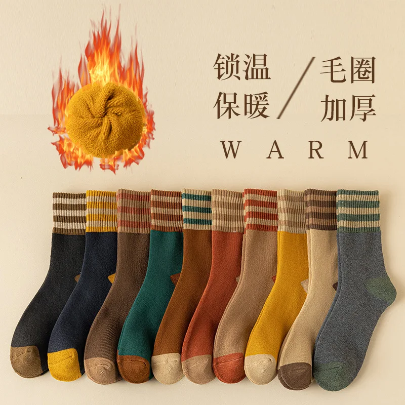 

10 pairs of terry socks autumn and winter velvet thickened middle socks three-bar warm black stockings tide socks women