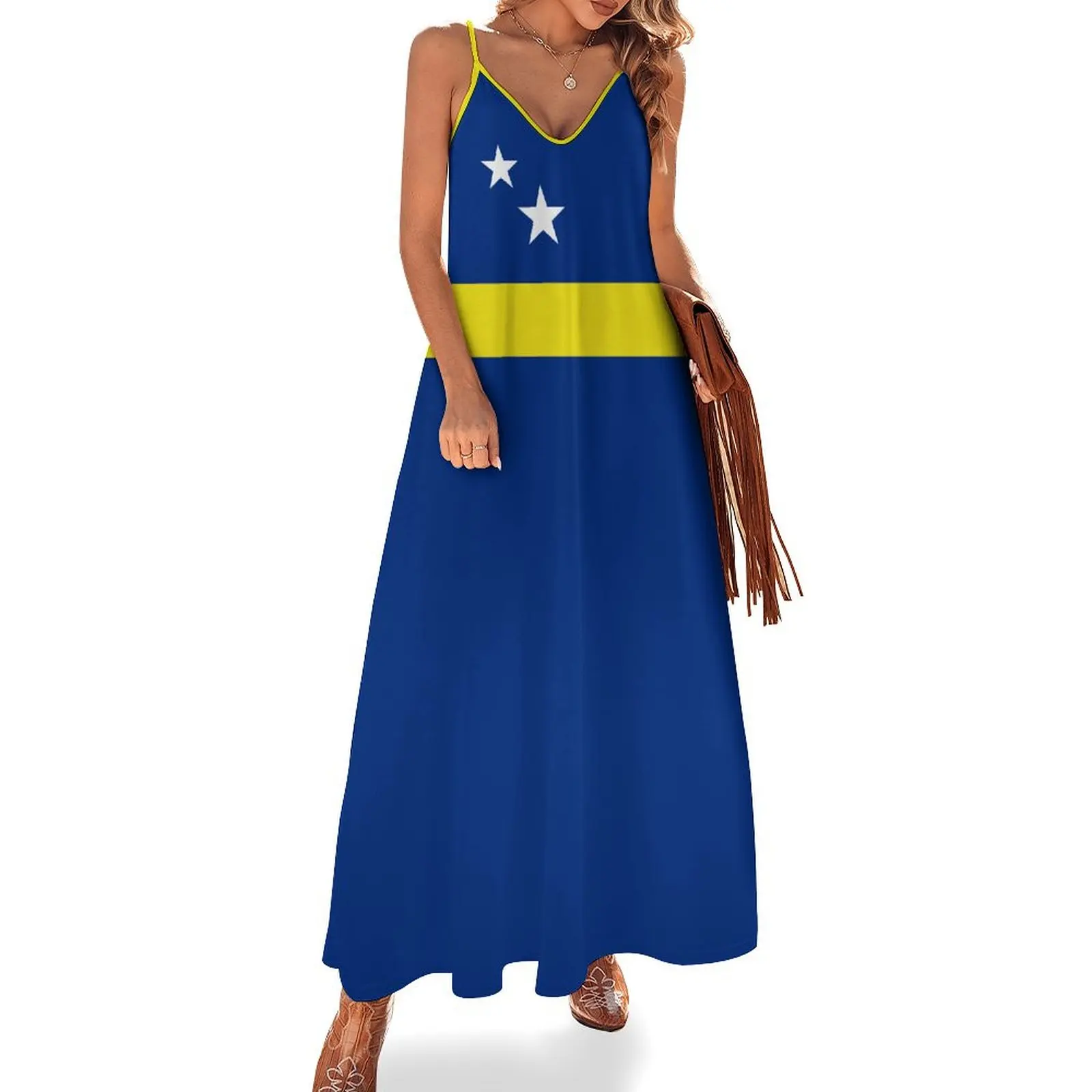 Lange Jurken Jurk Curaçao Curacao Vlag Print Nieuwe Casual Mouwloze Dames V-Hals Bedrukte Jurk Swing Retro Jurken