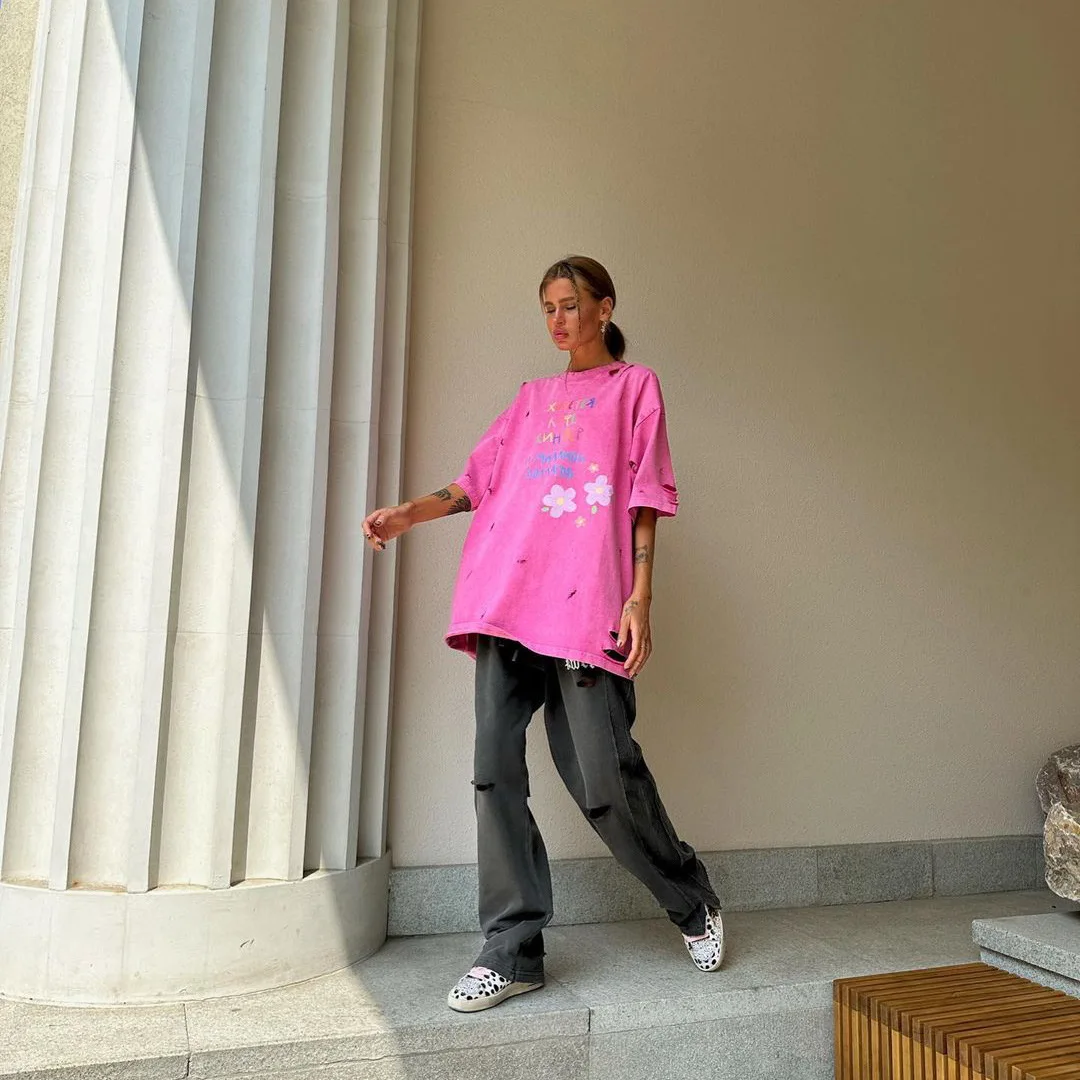 Waed American Sle Loose Women's T-irt Casual round Ne ort Sve Top Vintage Print Spring Faion Ladies' Tee