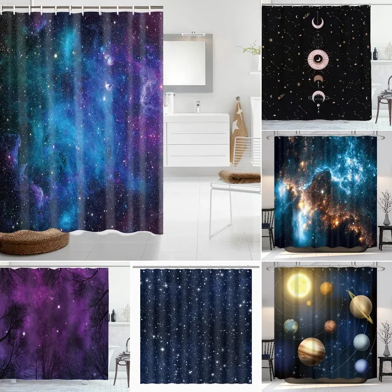 Espace estrelado cortina de chuveiro azul galáxia cortinas nebulosa tecido poliéster à prova dwaterproof água para banheira decoração do quarto com gancho