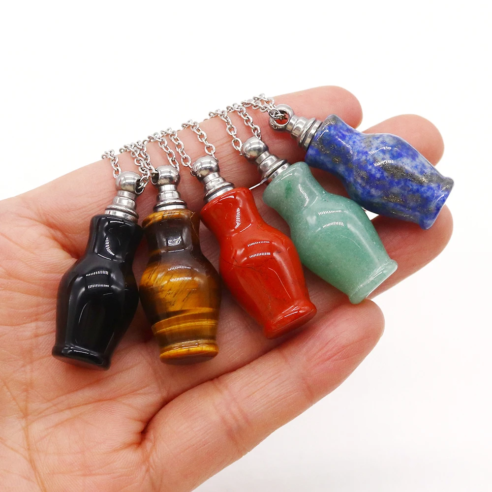 Exquisite Stylish Natural Stone Crystal Lapis Lazuli Carved Vase-shaped Perfume Essential Oil Bottle Necklace Jewelry Accessory