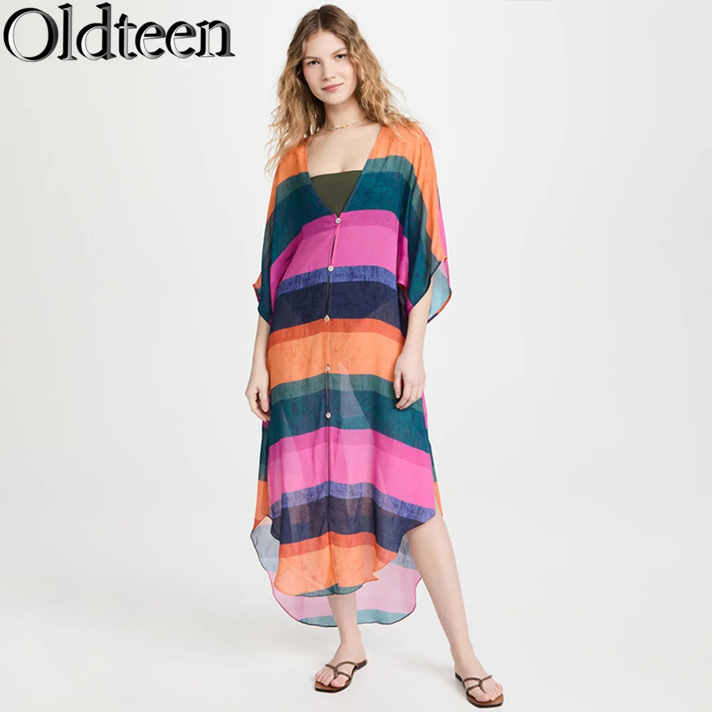 Cárdigan largo con botones a rayas de colores, falda holgada con cuello en V, ropa de calle informal para exteriores, traje de baño, capa superior, novedad de verano