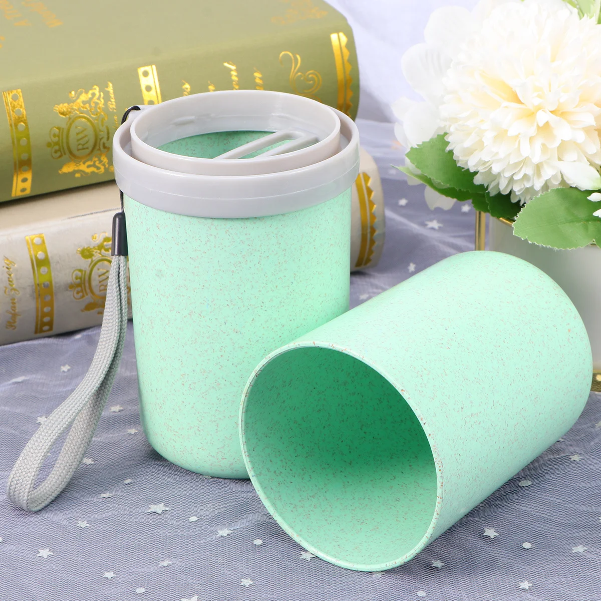 Wash Gargle Cup Set Compact Toothbrush Toothpaste Storage Box Wheat Straw Material For Travel Camping Outdoor Use Green