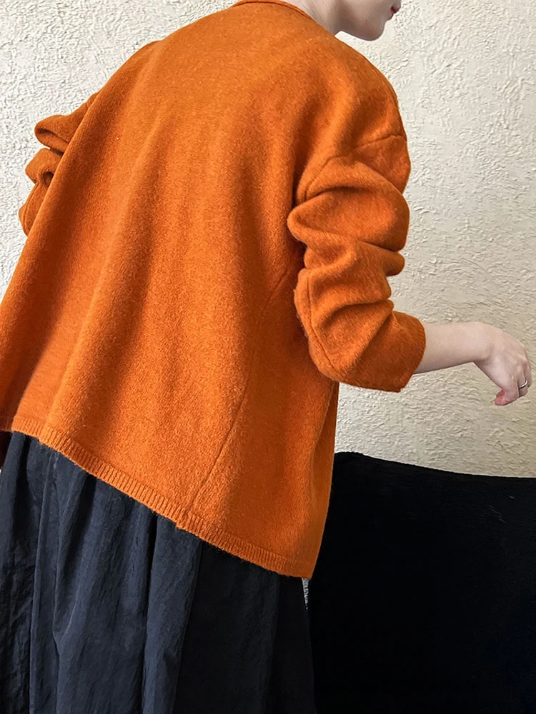 [EAM] Orange Green Elegant Knitting Cardigan Sweater V-Neck Long Sleeve Women New Fashion Tide Spring Autumn 2024 1DH6775