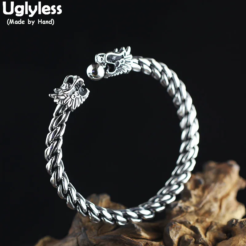 

Uglyless Real 990 Pure Silver Square Twisted Bangles for Men 2 Dragons Playing Ball China Chic Gifts Jewelry Thai Silver Bangle