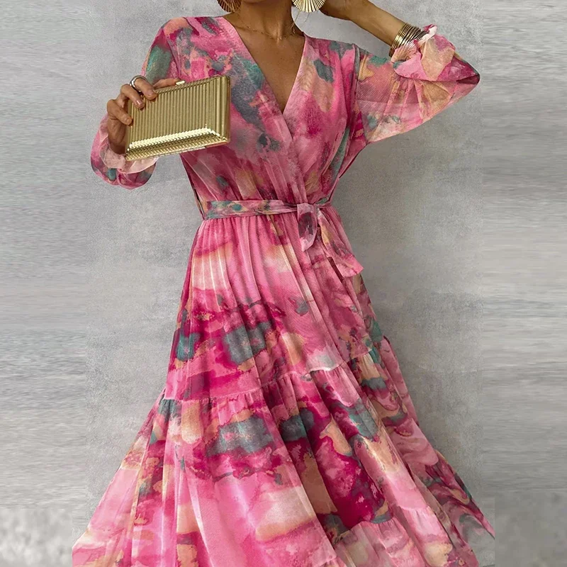 Elegant V Neck Pleated Printing Dress for Women Wedding Up Long Office Lady Outfit 2024 Spring Summer A-Line Boho Maxi Dresses