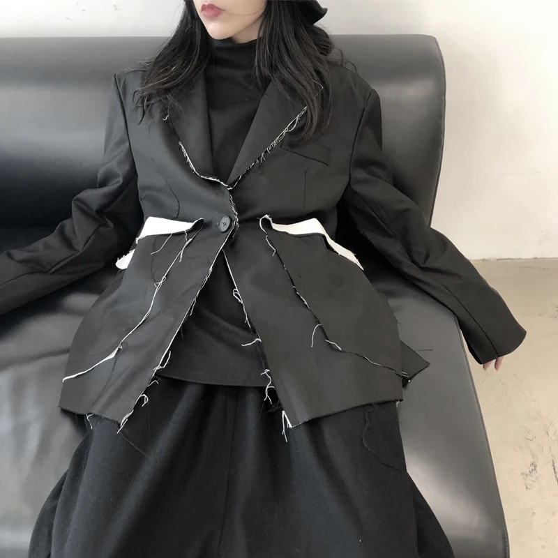 Tannt Women Blazer Asymmetry Split Color Matching Black Chic And Elegant Woman Jacket Irregular Loose Casual Long Oversize Coats