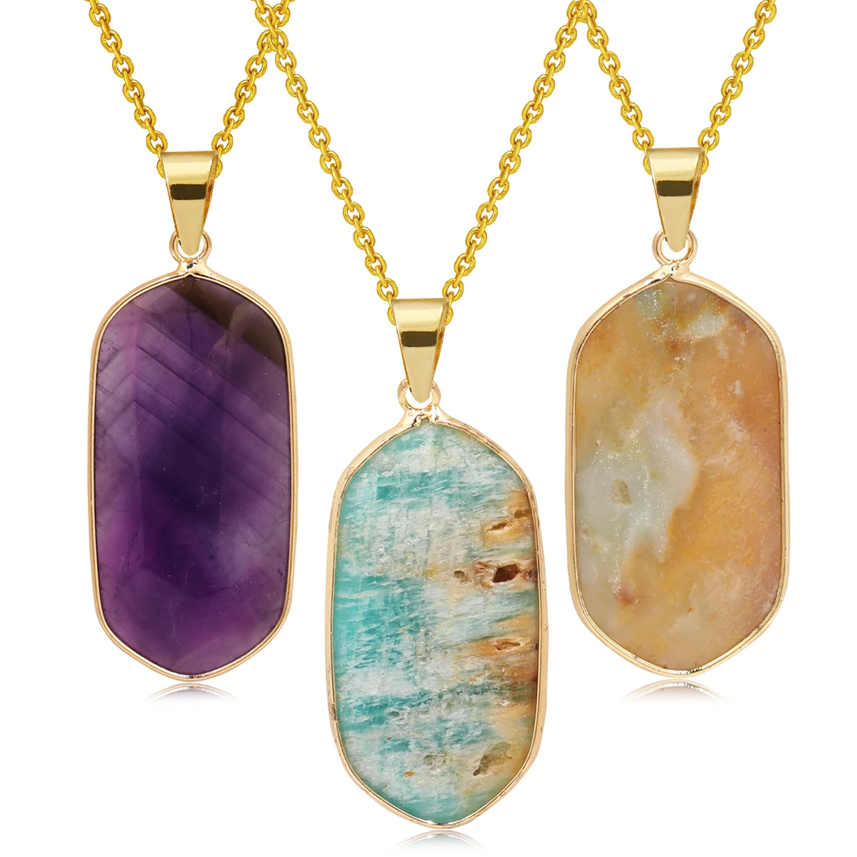 

Natural Crystal Stone rose quartz amethyst geometric figure agate Pendant Necklace Stainless Steel gold Chain Gemstone Jewelry