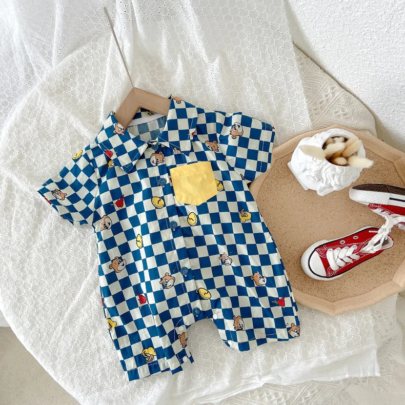 Korean trendy clothing baby boy jumpsuit checkerboard cartoon wrap buttocks summer climbing clothes