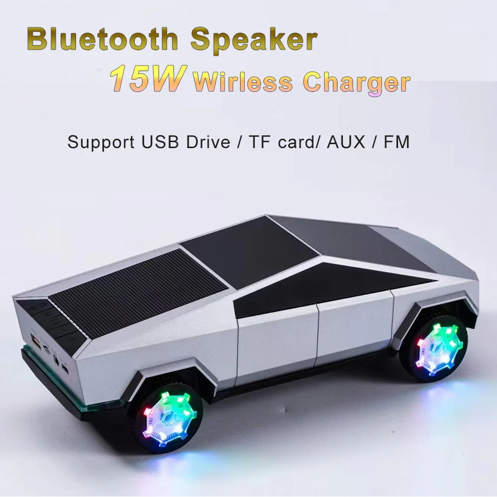 15W Car Shaped Wireless Charger Portable Bluetooth Speaker BT U Disk TF Card FM Playback with RGB Light HIFI Stereo Soundbox