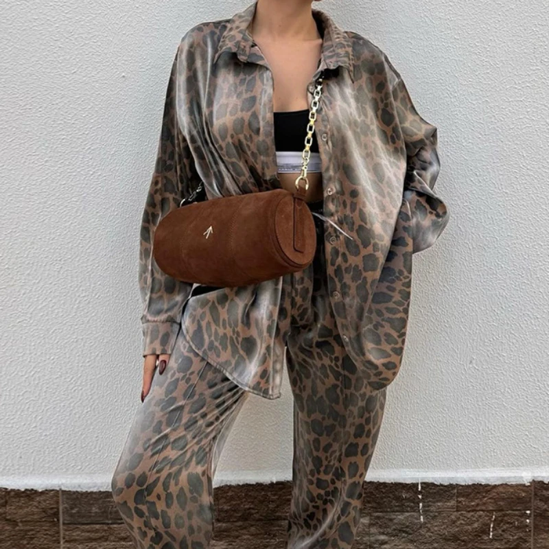 Leopard Shirt Top & Cuffed Pants Set Women Wide Leg Pant Sets Two Piece Suit Spring Summer High Waist Elegant Trousers Suits