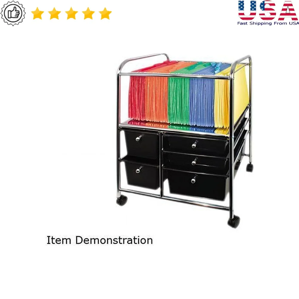 

5 Drawer Filing Cart Rolling Organizer with Swivel Locking Casters Powder Coated Frame Papers Supplies Indoor Use
