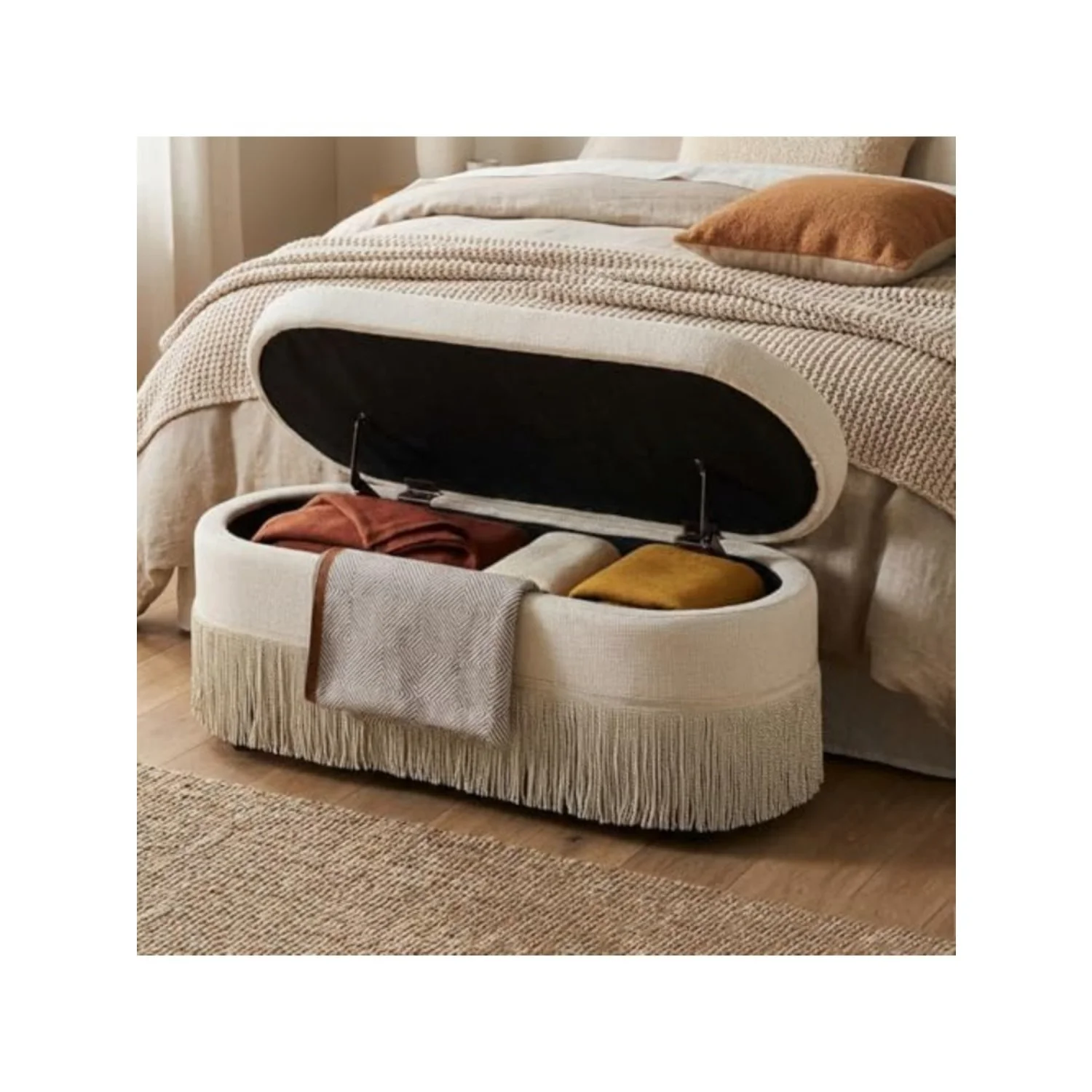 39.4“ Boho Storage Ottoman Bench with Tassels,Upholstered End of Bed Bench | Linen Oval Ottoman with Storage, Entryway