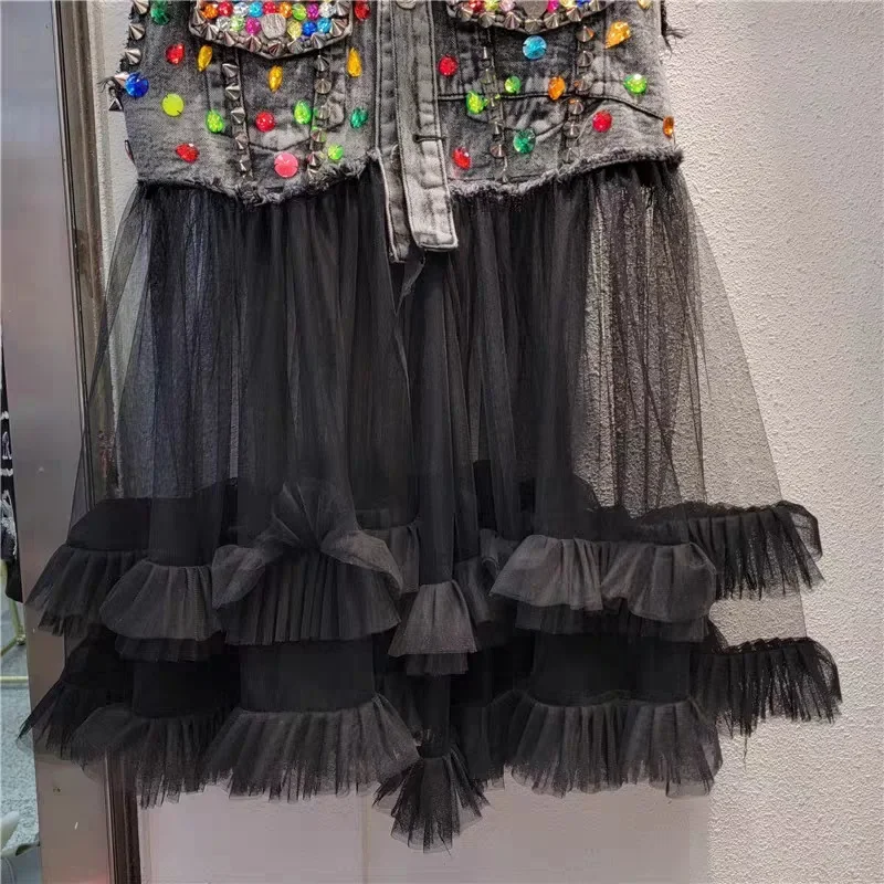 Heavy Industry Nail Bead Diamond-encrusted Splicing Mesh Yarn Cowboy Waistcoat.   Ladies' Fashionable Retro and Trendy Waistcoat