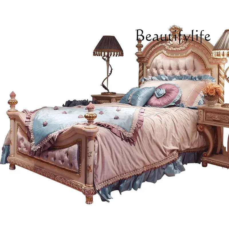 

Light luxury European solid wood carving flower bedroom bed French villa luxury painted fabric designer