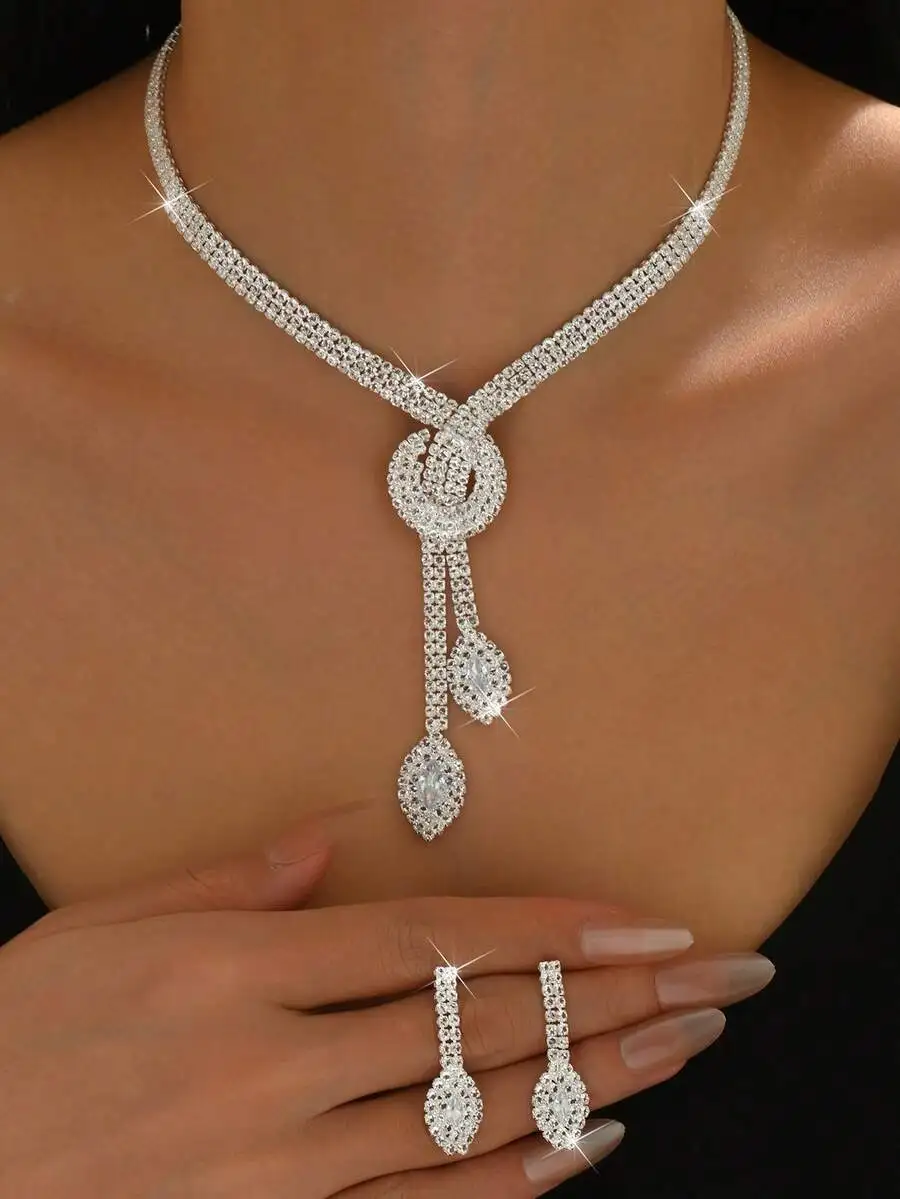1pc Necklace + 1 Pair Earrings Women Jewelry Set, Suitable For Daily Wear, Dating, Geometric Pattern Party, Bridal Wedding Valen view 2