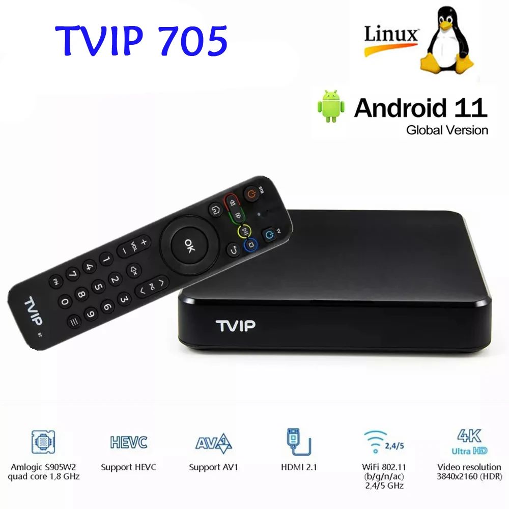 وصل 2025 TVIP S-Box 705 4K Ultra HD Linux + Android 11.0 OS TV BOX Amlogic S905W2 2.4/5G WiFi TVIP 705 Nordic One Media Play