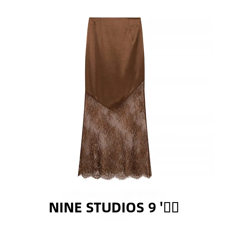 

High Waist Midi Skirt Pure Color Lace Patchwork Casual Women's Faion A-Line Skirt High Waist Design Polyester Fabric