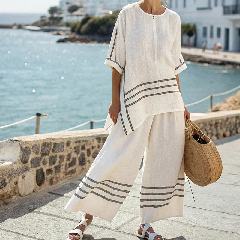 

Women Casual Half Sleeve Loose 2Pc Outfit Elegant Stripe Print Patchwork Pocket Suit Fashion O-neck Pullover Top & Long Pant Set