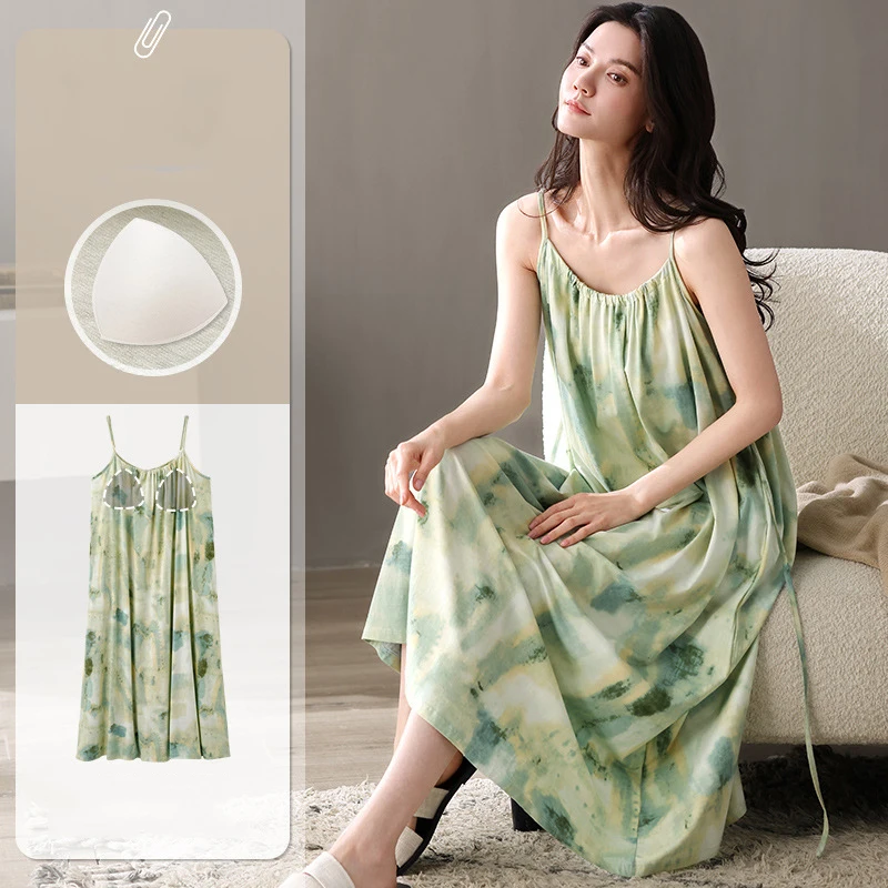 

Female Chest Cushion Strap Sleeping Skirt Summer New Sweet Premium Loose Dress Tie Dyeing Gradient Color Women's Home Clothes